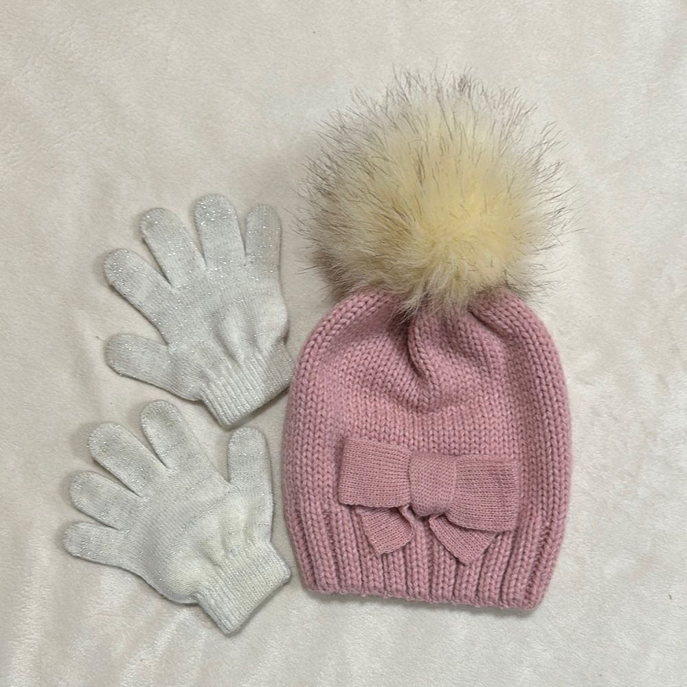 Copper Key Pink and White Knitted Beanie Hat with Pom-Pom and Bow
